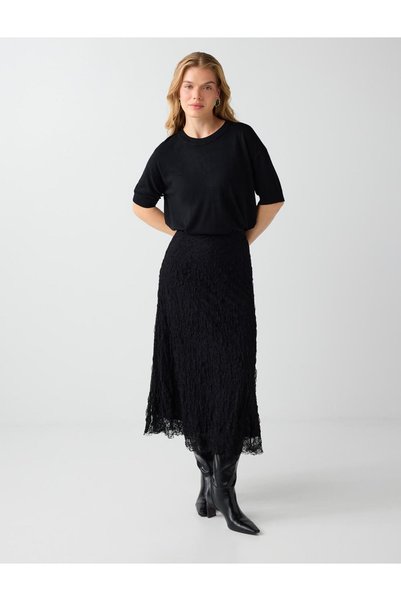 Black Lace Detail High-Waist Knitted Midi Skirt