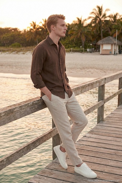 Linen Regular Fit Normal Waist Straight Leg Trousers Men's Pants Cf26S6110228