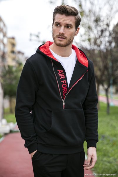 Cotton Slim Fit Kangaroo Pocket Zipper Detailed Hooded Collar Sweat Men's Sweat 575707