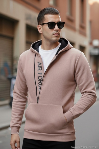 Cotton Slim Fit Kangaroo Pocket Zipper Detailed Hooded Collar Sweat Men's Sweat 575707