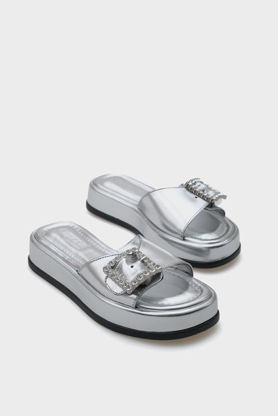 Margi Wedge Heel Single Strap Jeweled Buckled Metallic Women's Slippers