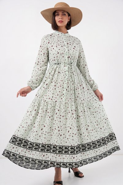 Women's Patterned Long Hijab Dress 2586 - A.Green