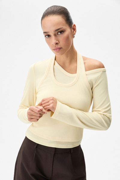 Evara women's asymmetrical neck double look yellow blouse