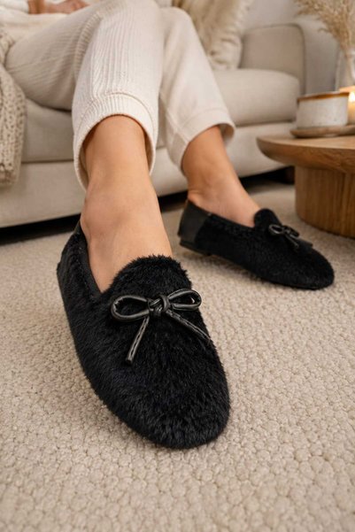 Women's, Bow-Detailed, Plush House Slippers, Soft Soled, Cute, Indoor, Outdoor Ballet Flats