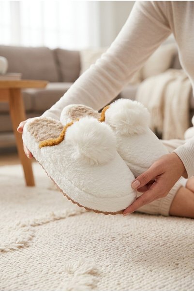 Alora Model Ponpon Towel Women's House Slippers - Warm and Fluffy Slippers with Noise-Free Soles