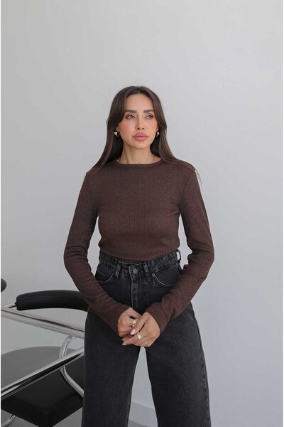 Brown Sparkle Glitter Crew Neck Blouse