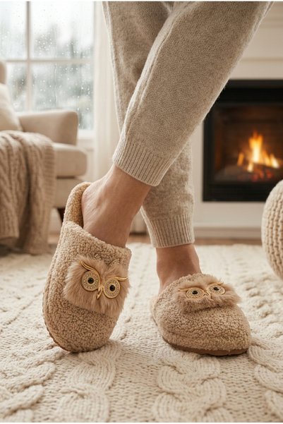 Women's Mink Plush Owl Figured House Slippers - Warm Soft Soled Winter Room Slippers