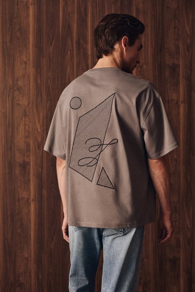Asela Men's Short Sleeve Gray T-Shirt with Embroidery Detail on Front and Back