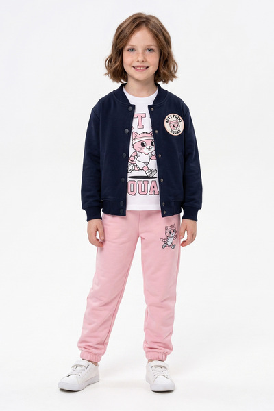 Cat Embroidered Snap Fastener College Jacket 4-Piece Girls' Set
