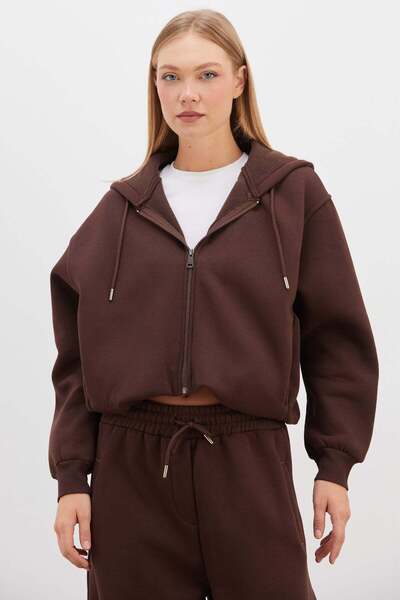 3 Thread Zipper Hooded Bat Sleeve Crop Sweatshirt