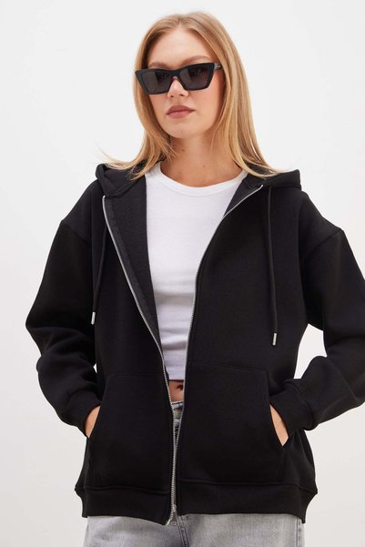3 Thread Basic Zippered Hooded Oversize Sweatshirt