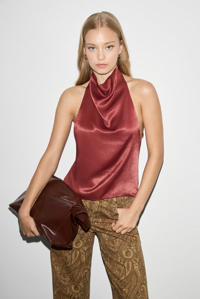 Arnelle Women's Backless High Collar Satin Burgundy Blouse