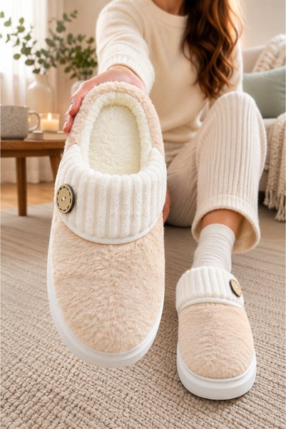 Women's Button Detailed, Soft, Plush, Washable Home Slippers, High Thick Sole, Warm Home Slippers