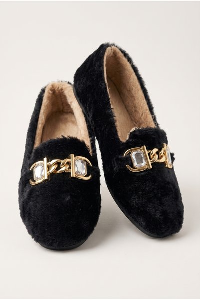 Women's Gold Chain, Crystal Stone Detailed Plush Indoor Ballerinas