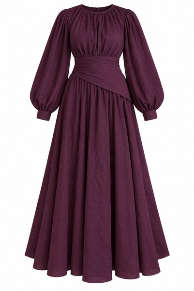 Burgundy Mobile Belted Long Dress - 2Y7051