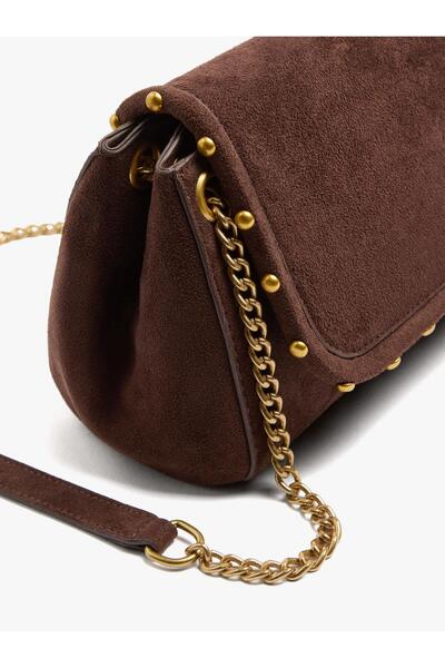 Women's Leather Look Shoulder Bag with Stud Detailing and Chain
