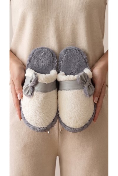 Women's Gray Leather Bow Detailed Plush Home Slippers 3 cm BYNDTMTF01