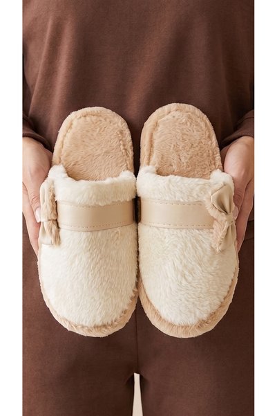 Women's Mink Leather Bow Detailed Plush House Slippers 3 cm Byndtmtf01