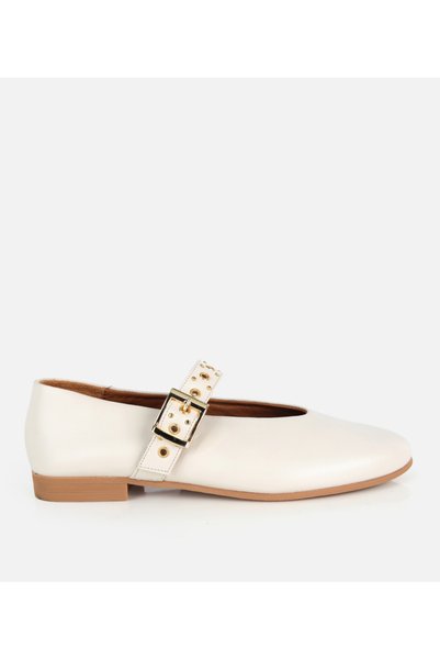 Women's Leather Ecru Studded Detailed Single Strap Ballerinas