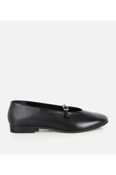 Women's Leather Black Strappy Buckle Detail Ballerina Flats