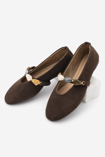 Women's Strappy Stoned Mary Jane Strappy Daily Ballet Flats Usira Brown Suede S