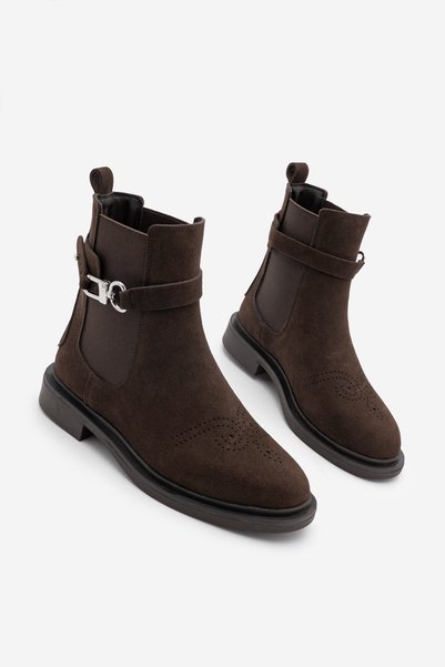 Women's Elastic Ankle-Removable Belt Buckle Double-Faced Casual Boots Apade Brown Suede