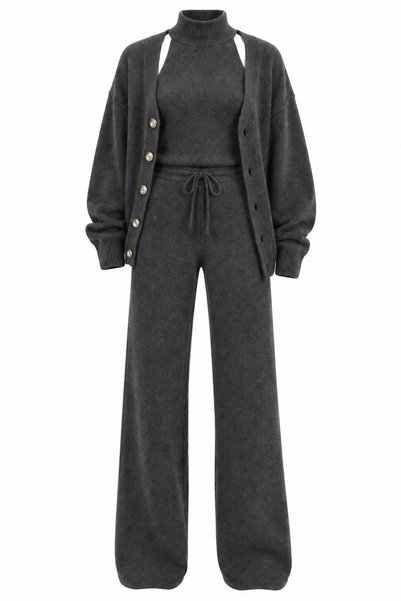 Anthracite Turtleneck Buttoned 3-Piece Knitwear Set - 1430