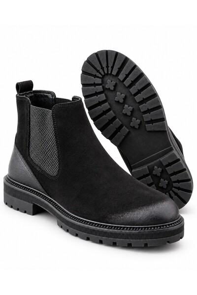 BRAWN Genuine Leather Distressed Toe Detail Elastic Thick Sole Men's Chelsea Boots