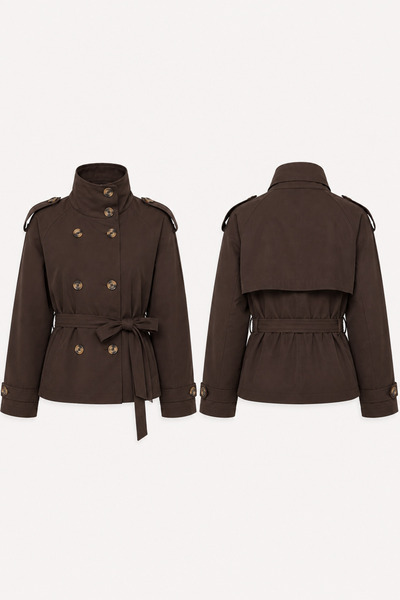 Women's Premium Stand Collar Belted Lined Double Breasted Buttoned Short Trench Coat Jacket El-5160