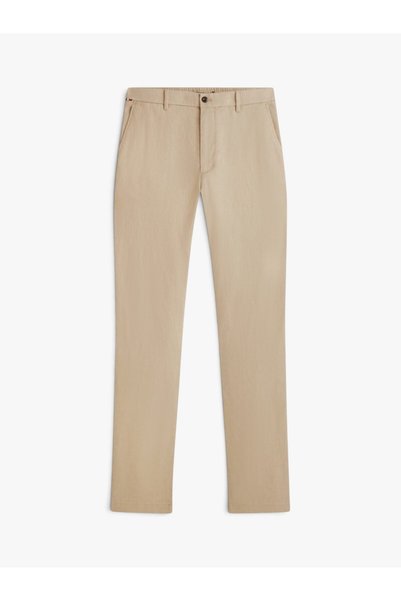 Men's Semi-Elastic Waistband Regular Fit Straight-Leg Linen Beige Trousers