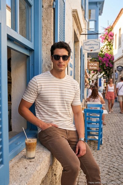 Cotton Striped Pocket Detailed Crew Neck t Shirt Men's t Shirt 5904057