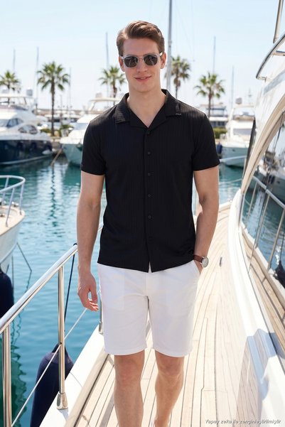 Cotton Blend Striped Textured Regular Fit Short Sleeve Shirt Men's Shirt 5904037