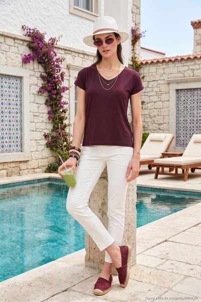 V-Neck Relaxed Fit Slit Blouse Women's Bluz 5862000