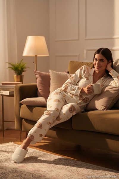 Patterned Regular Fit Soft Textured Winter Comfortable Pajama Set Women's Pajama Set 611Pt288Y