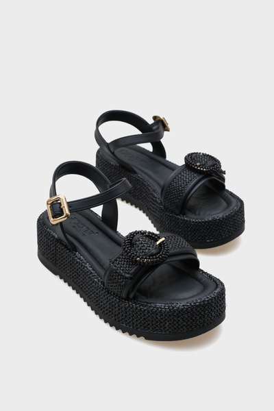Vanda Wooden Single Buckle Leopard Straw Wedge Heeled Women's Sandals
