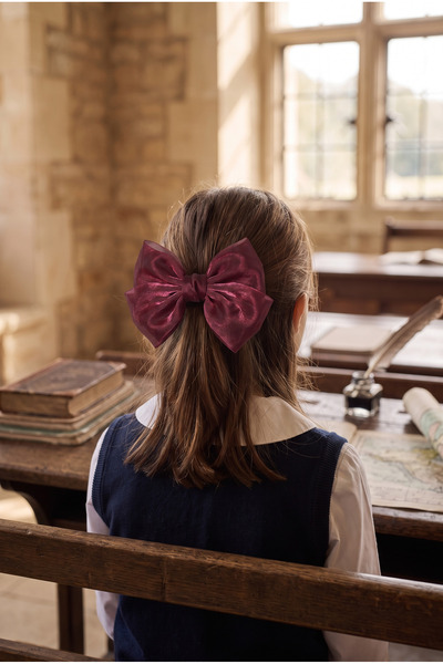 Sparkly tulle bow automatic hair clip - burgundy