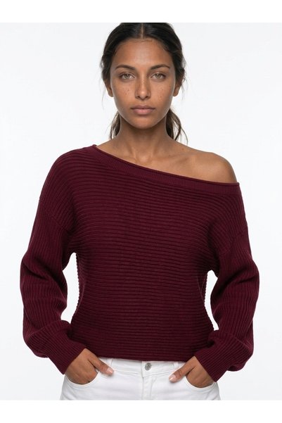 Women's open shoulder wool blend oversize sweater burgundy