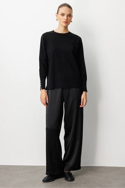 Elastic Waist Wide Leg Satin Black Trousers