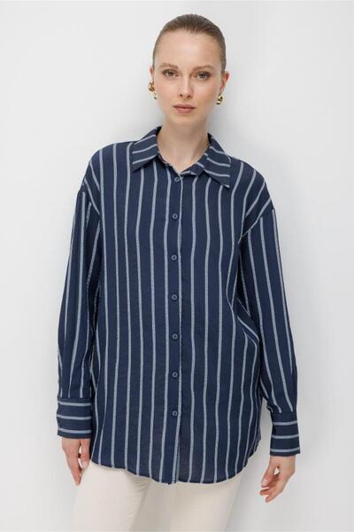 Striped Oversize Navy Blue Viscose Shirt