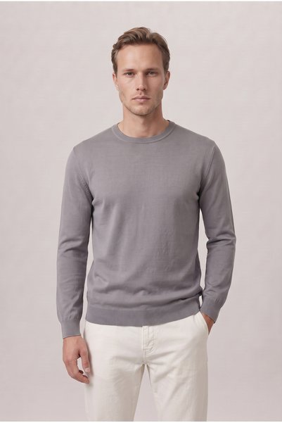 Slim Fit Gray Plain Knit Sweater