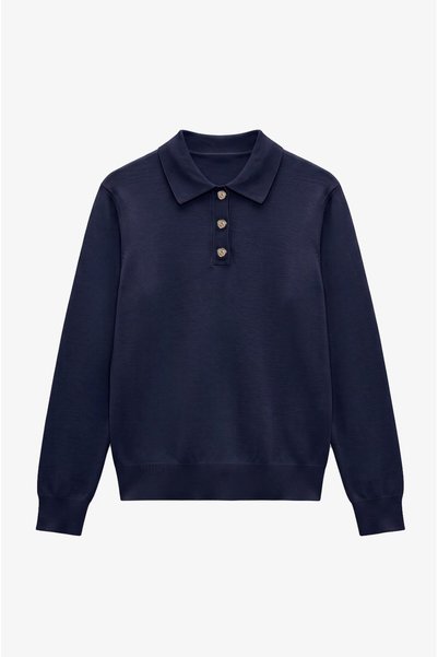 Navy Blue Button Polo Collar Sweater