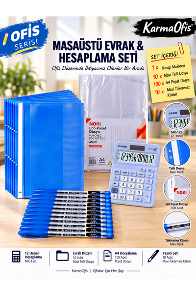 12 Digit Blue Calculator Set |   10 Blue Wire-Bound Files + 100 A4 Pocket Files + 10 Blue Ballpoint Pens