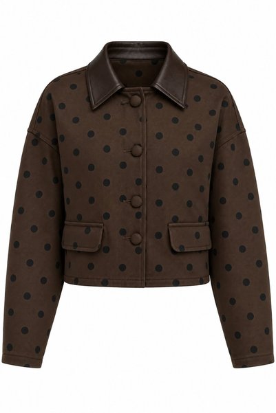 Brown Leather Collar Detailed Polka Dot Jacket - 1147