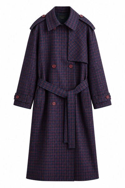 Burgundy Plaid Patterned Long Trench Coat - 9738