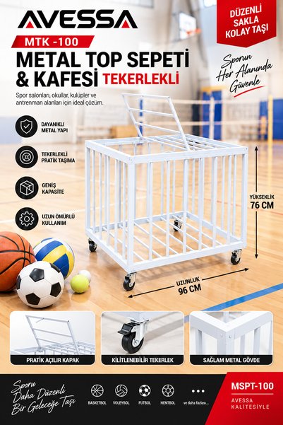 Metal Ball Basket & Cage with Wheels - MTK-100 / MSPT-100 - Durable Metal Structure - 96 x 76 CM