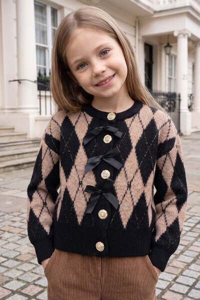 Baklava Patterned Glitter Ribbon Girls' Cardigan