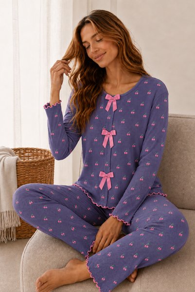 Reported Viscose Bow Detailed Overlocked Round Neck Long Sleeve Patterned Pajama Set
