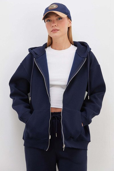3 Thread Basic Zippered Hooded Oversize Sweatshirt