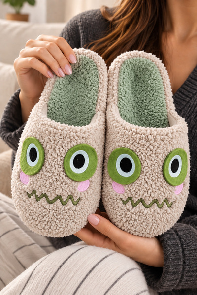 Women's Cute Face Design, Boucle, Plush House Slippers
