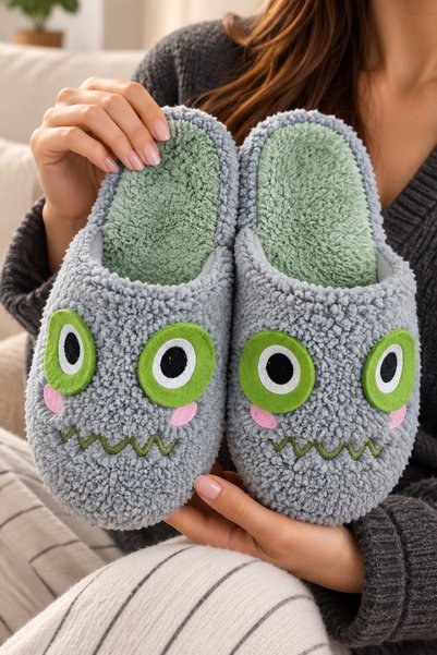 Women's Cute Face Design, Boucle, Plush House Slippers
